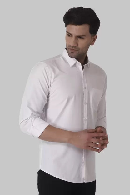 Men's Regular Fit Solid Spread Collar Casual White Shirt