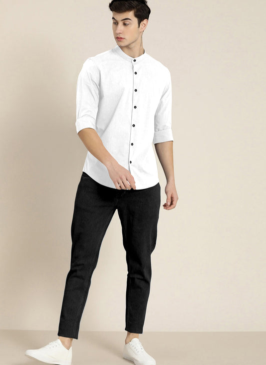 Stylish White Men Slim Fit Solid Mandarin Collar Shirt