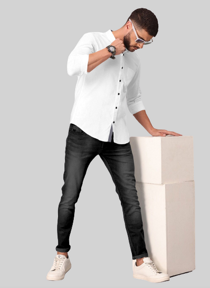 Men's Solid Plain Design Slim Fit White Cotton Shirt
