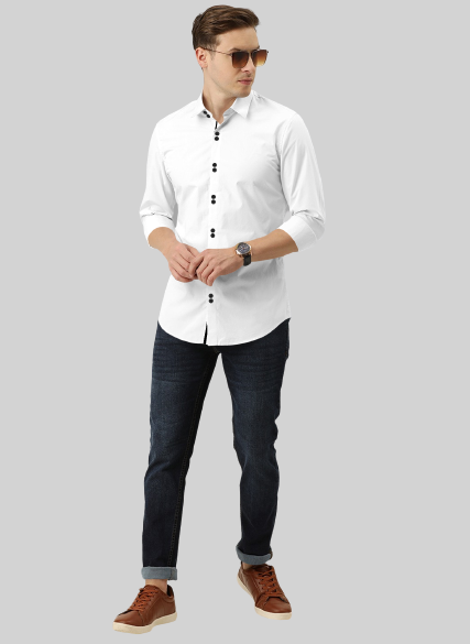 Men's Solid Slim Fit Cotton Double Button White Shirt