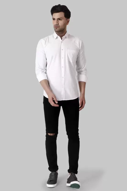 Men's Regular Fit Solid Spread Collar Casual White Shirt
