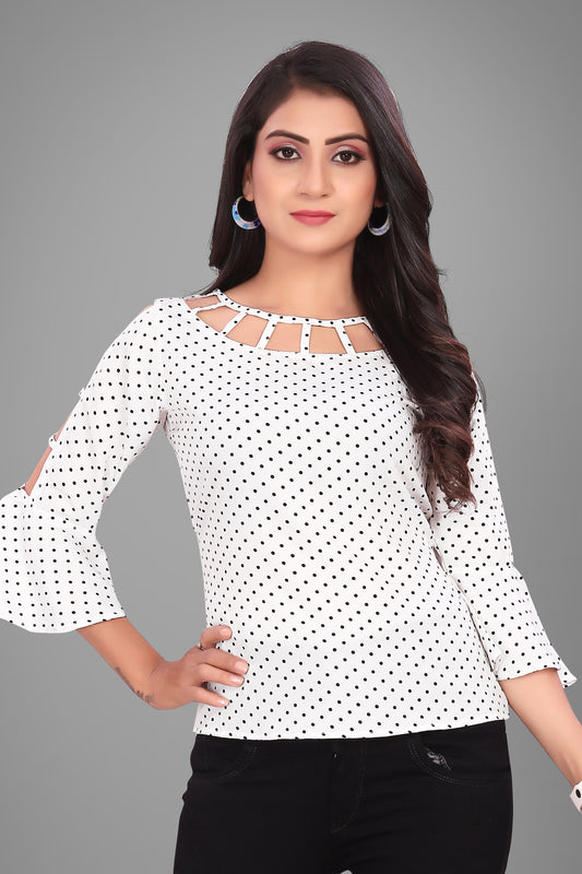 SUR-T Casual Bell Sleeves Polka Print Women White Top