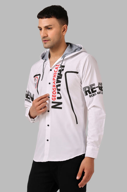 SUR-T Men's Regular Fit Printed Ribbed Collar Casual White Classic Hoodie Shirt