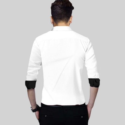 Men's Liner Design Slim Fit White Black Cotton Shirt