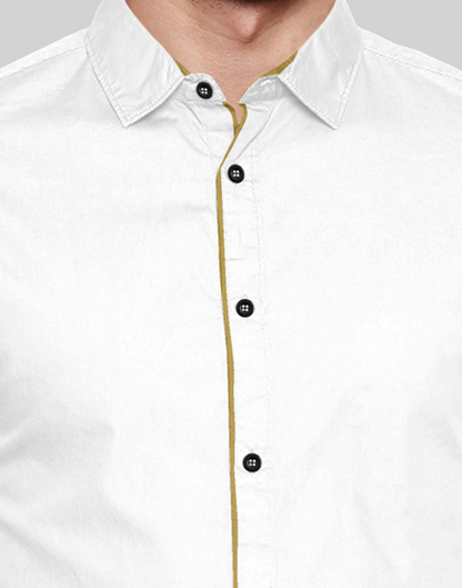 Men's Liner Design Slim Fit White Khaki Cotton Shirt