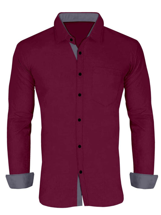 Men's Solid Plain Design Slim Fit Wine Cotton Shirt
