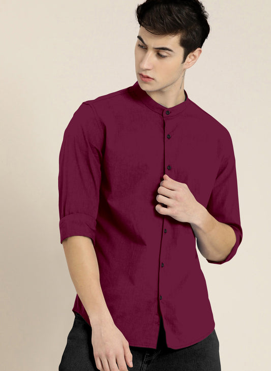 Stylish Wine Men Slim Fit Solid Mandarin Collar Shirt