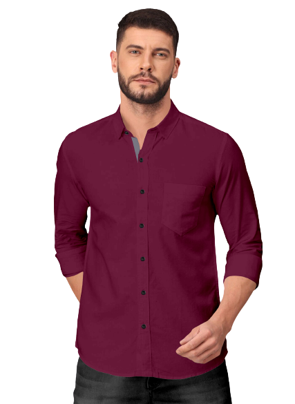 Men's Solid Plain Design Slim Fit Wine Cotton Shirt