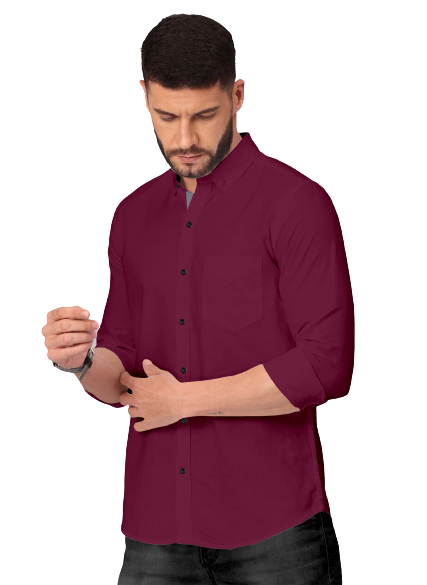 Men's Solid Plain Design Slim Fit Wine Cotton Shirt