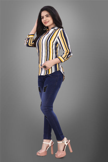 SUR-T Casual Regular Sleeves V-Shape Striped Women Yellow Top