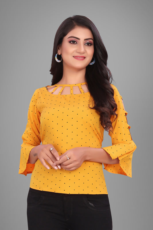 SUR-T Casual Bell Sleeves Polka Print Women Yellow Top