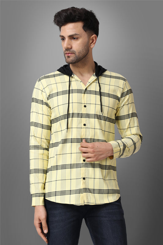 SUR-T Men's Regular Fit Checkered Hood Collar Casual Yellow Classic Hoodie Shirt