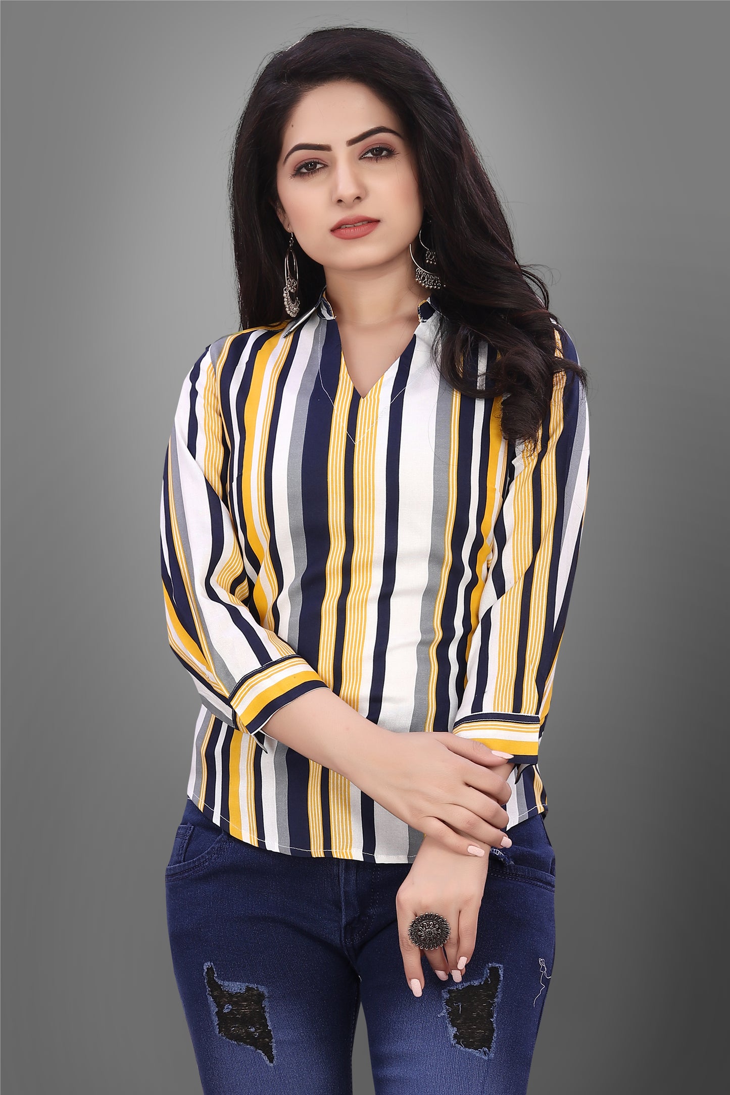 SUR-T Casual Regular Sleeves V-Shape Striped Women Yellow Top