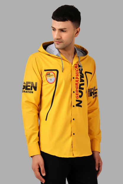 SUR-T Men's Regular Fit Printed Ribbed Collar Casual Yellow Classic Hoodie Shirt