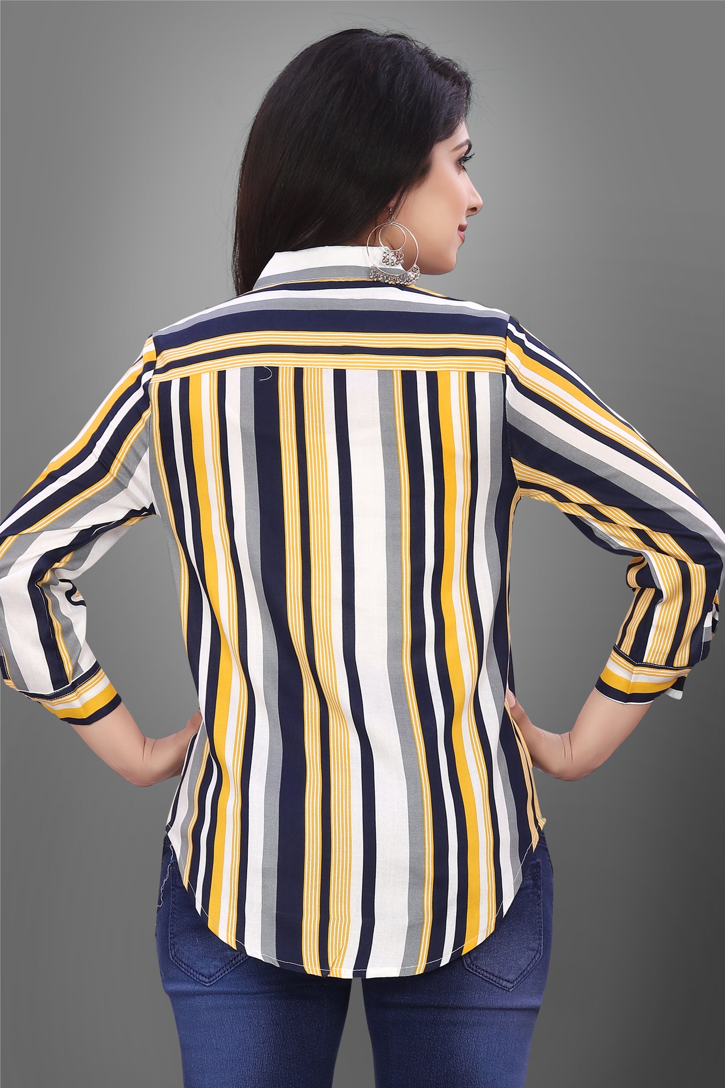 SUR-T Casual Regular Sleeves V-Shape Striped Women Yellow Top