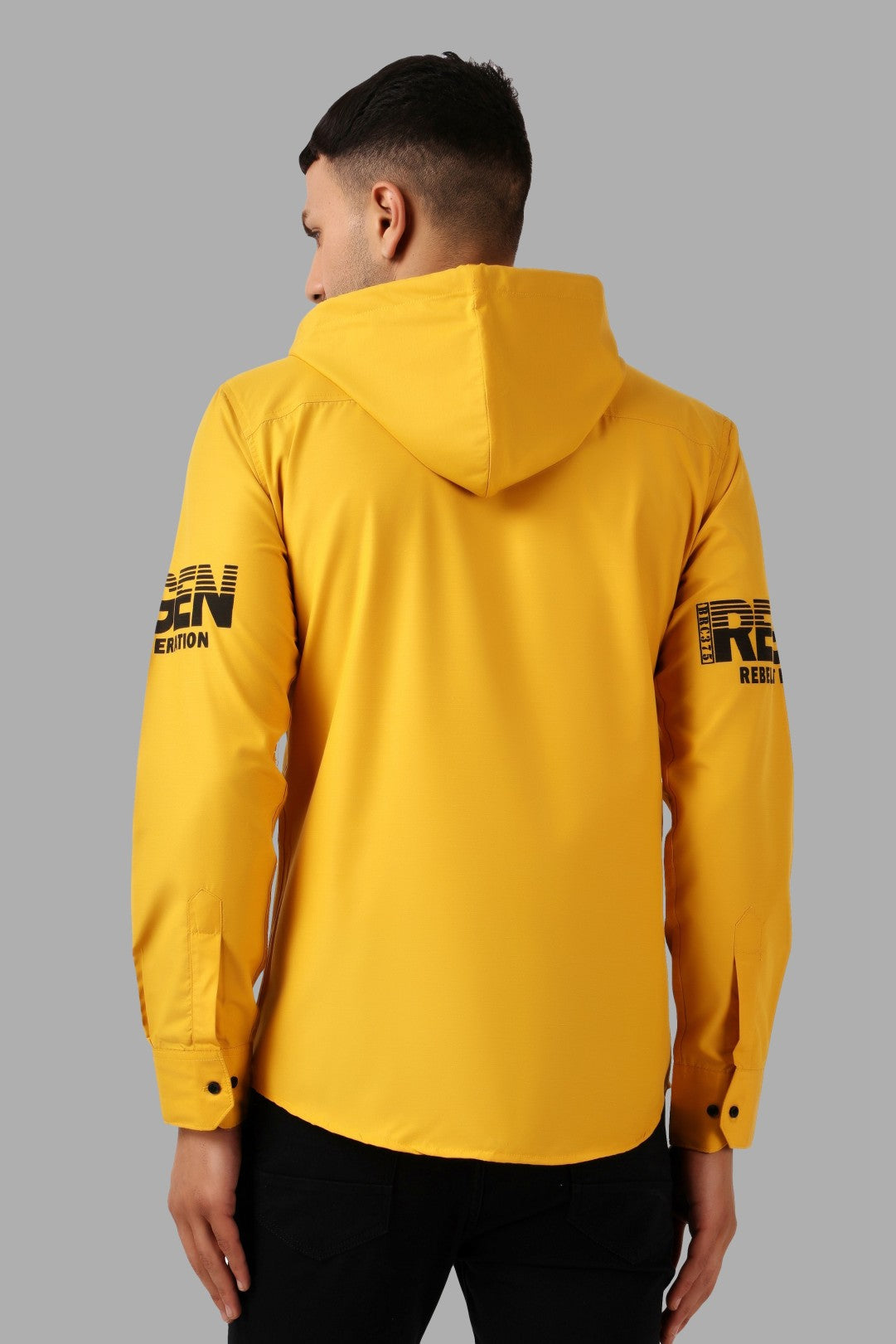 SUR-T Men's Regular Fit Printed Ribbed Collar Casual Yellow Classic Hoodie Shirt