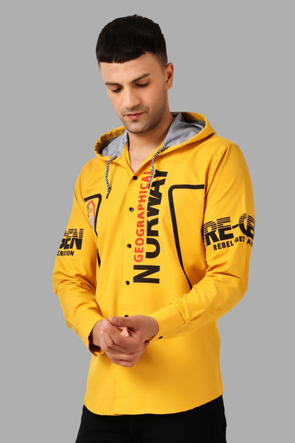 SUR-T Men's Regular Fit Printed Ribbed Collar Casual Yellow Classic Hoodie Shirt