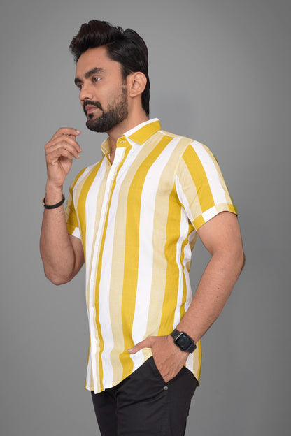 SUR-T Men Regular Fit Printed Spread Collar Casual Yellow Shirt