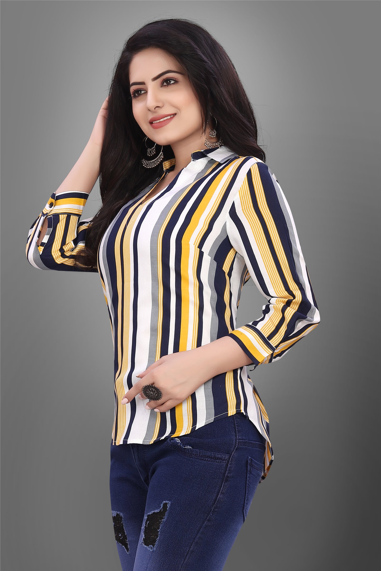 SUR-T Casual Regular Sleeves V-Shape Striped Women Yellow Top