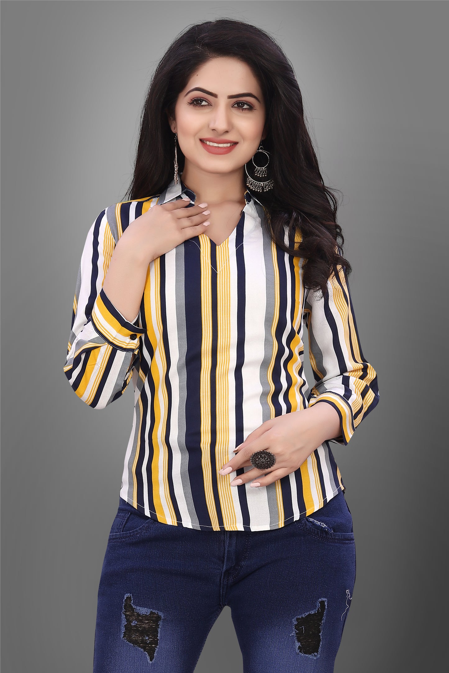 SUR-T Casual Regular Sleeves V-Shape Striped Women Yellow Top