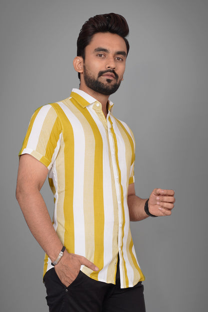 SUR-T Men Regular Fit Printed Spread Collar Casual Yellow Shirt