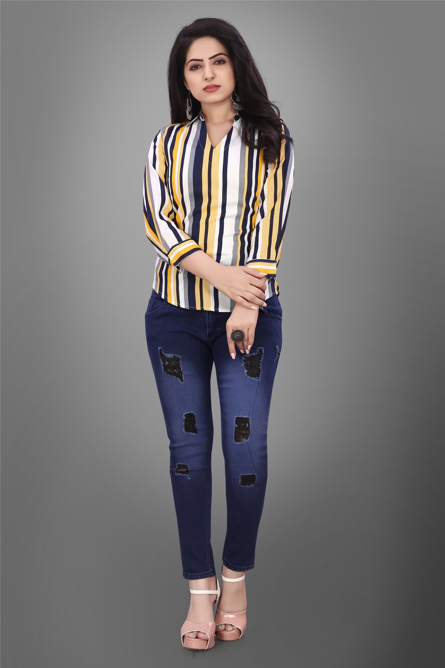 SUR-T Casual Regular Sleeves V-Shape Striped Women Yellow Top