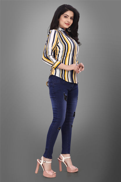 SUR-T Casual Regular Sleeves V-Shape Striped Women Yellow Top