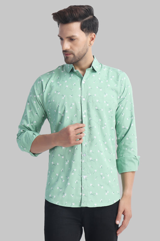 SUR-T Men Regular Fit Printed Spread Collar Casual Green Shirt